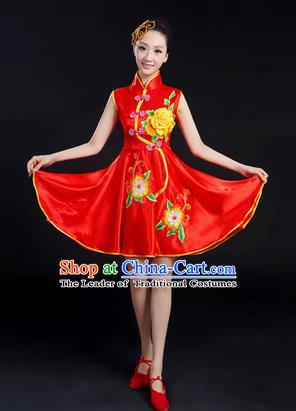 Traditional Chinese Yangge Fan Dancing Costume, Folk Dance Yangko Peony Uniforms, Classic Umbrella Dance Elegant Dress Drum Dance Red Cheongsam Clothing for Women