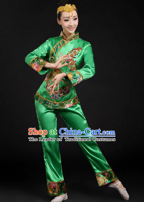 Traditional Chinese Yangge Fan Dancing Costume, Folk Dance Yangko Uniforms, Classic Umbrella Dance Elegant Dress Drum Dance Green Paillette Phoenix Clothing for Women