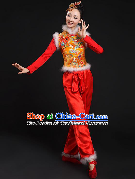 Traditional Chinese Yangge Fan Dancing Costume, Folk Dance Yangko Uniforms, Classic Umbrella Dance Elegant Dress Drum Dance Mandarin Collar Phoenix Clothing for Women
