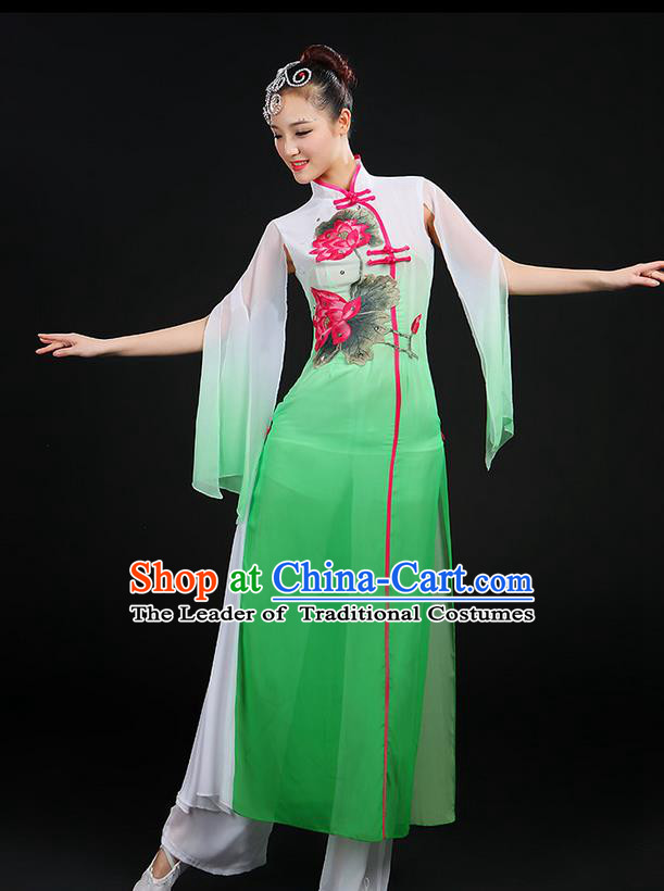Traditional Chinese Yangge Fan Dancing Costume, Folk Dance Yangko Uniforms, Classic Lotus Dance Elegant Dress Drum Dance Green Clothing for Women
