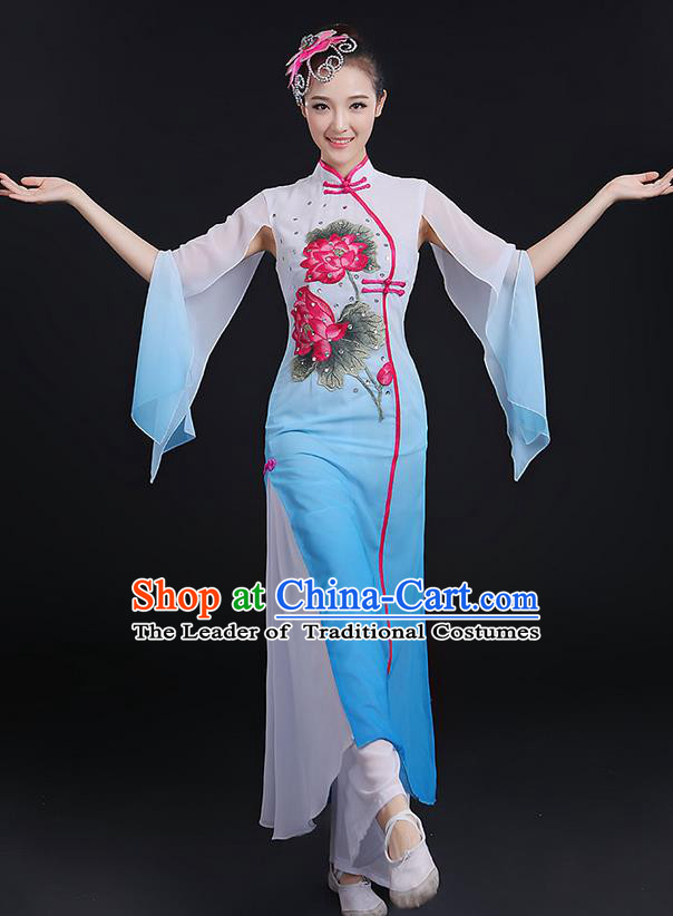 Traditional Chinese Yangge Fan Dancing Costume, Folk Dance Yangko Uniforms, Classic Lotus Dance Elegant Dress Drum Dance Blue Clothing for Women