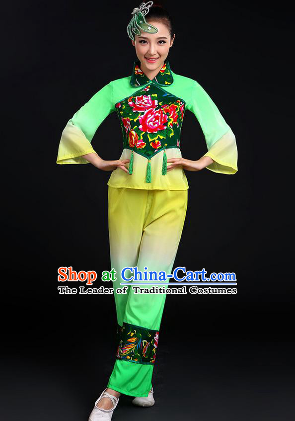 Traditional Chinese Yangge Fan Dancing Costume, Folk Dance Yangko Uniforms, Classic Dance Elegant Dress Drum Dance Peony Green Clothing for Women