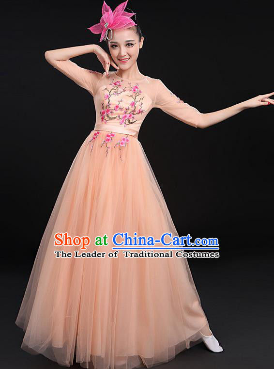 Traditional Chinese Modern Dancing Compere Costume, Women Opening Classic Chorus Singing Group Dance Bubble Uniforms, Modern Dance Embroidered Plum Blossom Long Fleshcolor Dress for Women