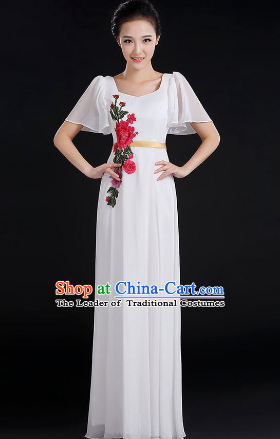 Traditional Chinese Modern Dancing Compere Costume, Women Opening Classic Chorus Singing Group Dance Peony Uniforms, Modern Dance Classic Dance Long White Dress for Women