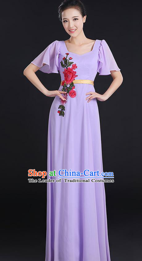 Traditional Chinese Modern Dancing Compere Costume, Women Opening Classic Chorus Singing Group Dance Peony Uniforms, Modern Dance Classic Dance Long Lilac Dress for Women