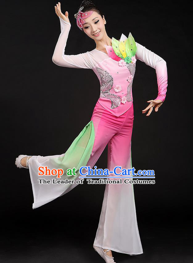 Traditional Chinese Yangge Fan Dancing Costume, Folk Dance Yangko Uniforms, Classic Dance Elegant Paillette Dress Drum Dance Pink Clothing for Women