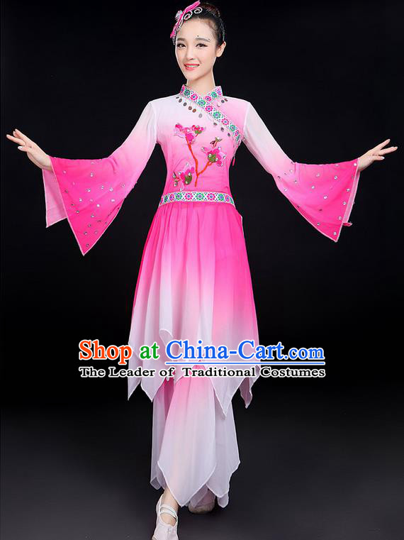 Traditional Chinese Yangge Fan Dancing Costume, Folk Dance Yangko Fairy Uniforms, Classic Lotus Dance Elegant Dress Drum Dance Pink Clothing for Women