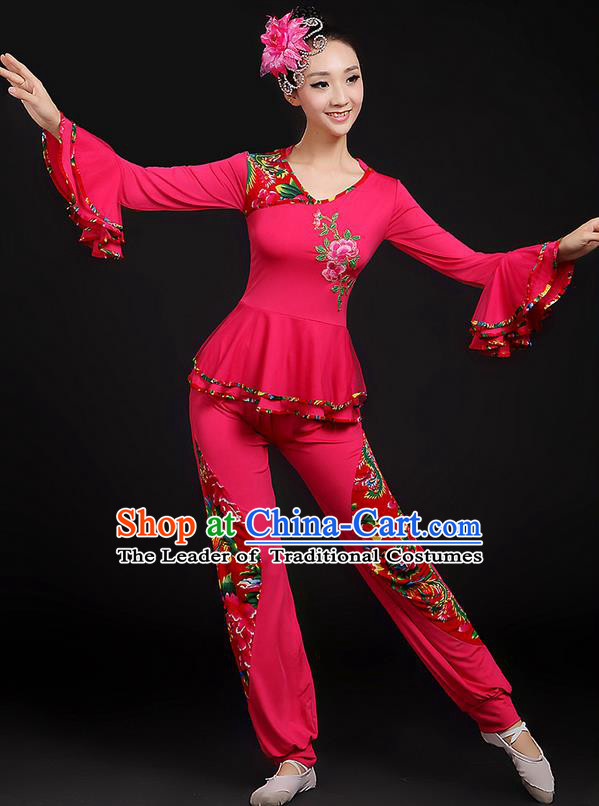Traditional Chinese Yangge Fan Dancing Costume, Folk Dance Yangko Mandarin Sleeve Uniforms, Classic Dance Elegant Dress Drum Dance Peony Rose Clothing for Women