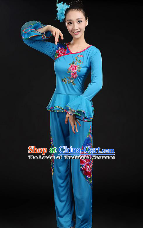 Traditional Chinese Yangge Fan Dancing Costume, Folk Dance Yangko Mandarin Sleeve Uniforms, Classic Dance Elegant Dress Drum Dance Peony Blue Clothing for Women