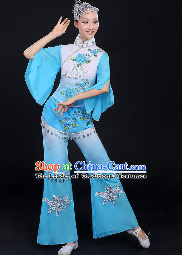 Traditional Chinese Yangge Fan Dancing Costume, Folk Dance Yangko Mandarin Sleeve Paillette Uniforms, Classic Dance Elegant Dress Drum Dance Peony Blue Clothing for Women