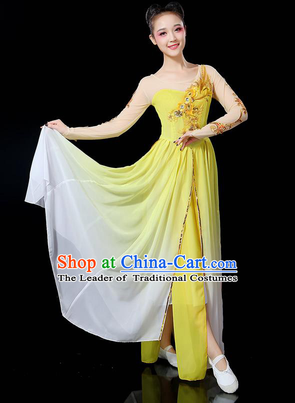 Traditional Chinese Yangge Fan Dancing Costume, Folk Dance Yangko Uniforms, Classic Umbrella Dance Elegant Dress Drum Dance Sequins Phoenix Yellow Clothing for Women