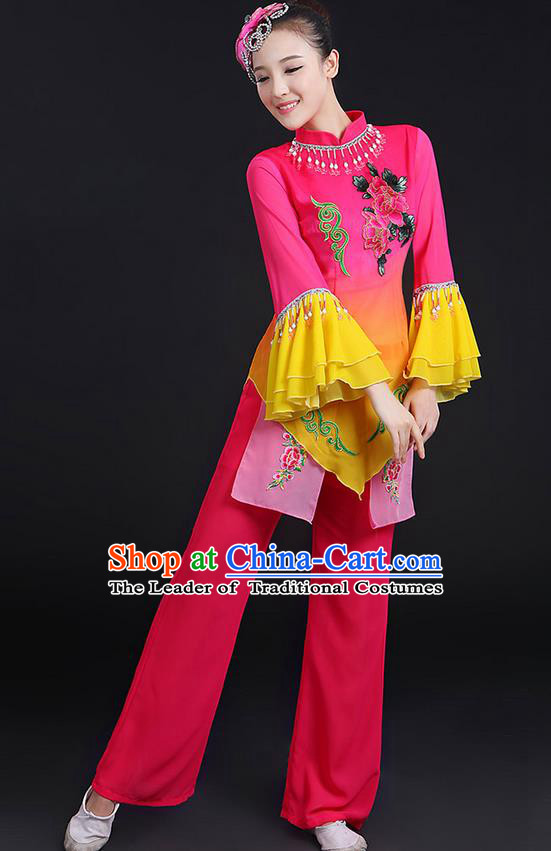 Traditional Chinese Yangge Fan Dancing Costume, Folk Dance Yangko Mandarin Sleeve Uniforms, Classic Umbrella Dance Elegant Dress Drum Dance Sequins Peony Clothing for Women