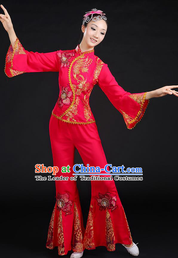 Traditional Chinese Yangge Fan Dancing Costume, Folk Dance Yangko Mandarin Sleeve Paillette Uniforms, Classic Dance Elegant Dress Drum Dance Paillette Rose Clothing for Women