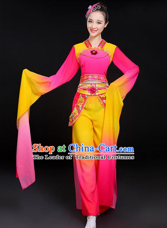 Traditional Chinese Yangge Fan Dancing Costume, Folk Dance Yangko Water Sleeve Uniforms, Classic Umbrella Dance Elegant Dress Drum Dance Pink Clothing for Women