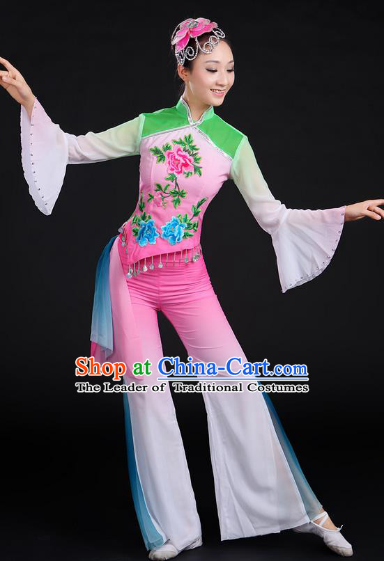 Traditional Chinese Yangge Fan Dancing Costume, Folk Dance Yangko Mandarin Sleeve Uniforms, Classic Umbrella Dance Elegant Dress Drum Dance Embroidered Peony Clothing for Women