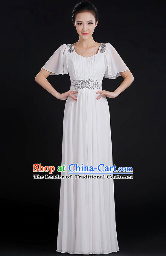 Traditional Chinese Modern Dancing Compere Costume, Women Opening Classic Chorus Singing Group Dance Uniforms, Modern Dance Classic Dance Big Swing Crystal White Dress for Women