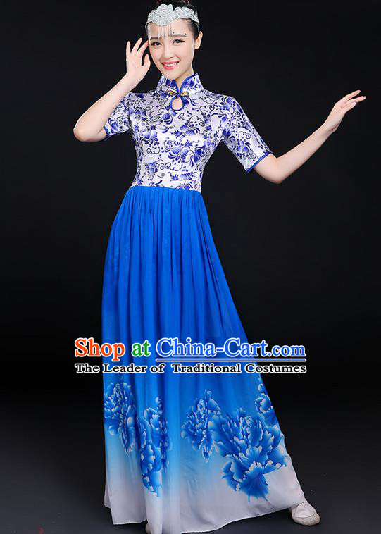 Traditional Chinese Modern Dancing Compere Costume, Women Opening Classic Chorus Singing Group Dance Uniforms, Modern Dance Classic Dance Big Swing Blue Cheongsam Dress for Women