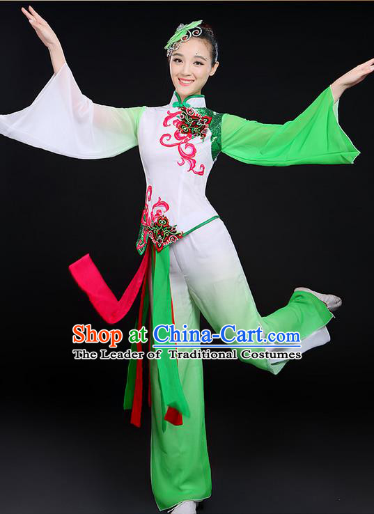 Traditional Chinese Yangge Fan Dancing Costume, Folk Dance Yangko Mandarin Sleeve Uniforms, Classic Umbrella Dance Elegant Dress Drum Dance Paillette Green Clothing for Women