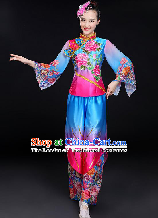 Traditional Chinese Yangge Fan Dancing Costume, Folk Dance Yangko Mandarin Sleeve Peony Flowers Uniforms, Classic Dance Elegant Dress Drum Dance Flowers Clothing for Women