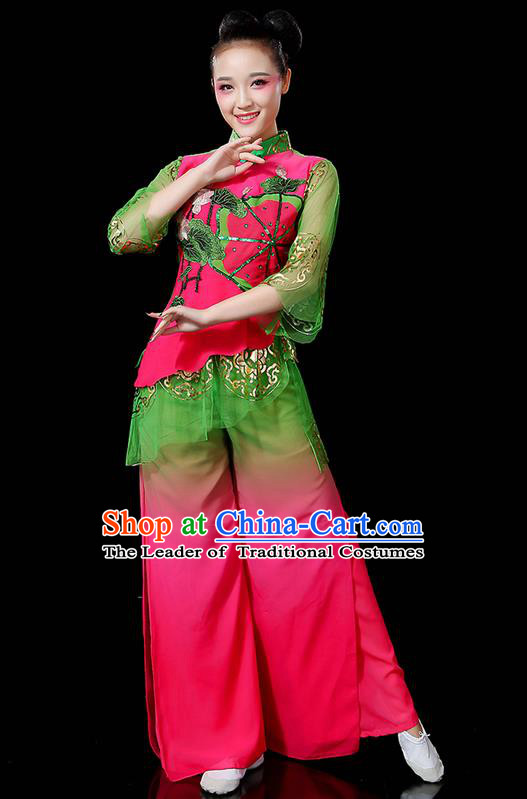 Traditional Chinese Yangge Fan Dancing Costume, Folk Dance Yangko Mandarin Sleeve Uniforms, Classic Lotus Dance Elegant Dress Drum Dance Flowers Clothing for Women