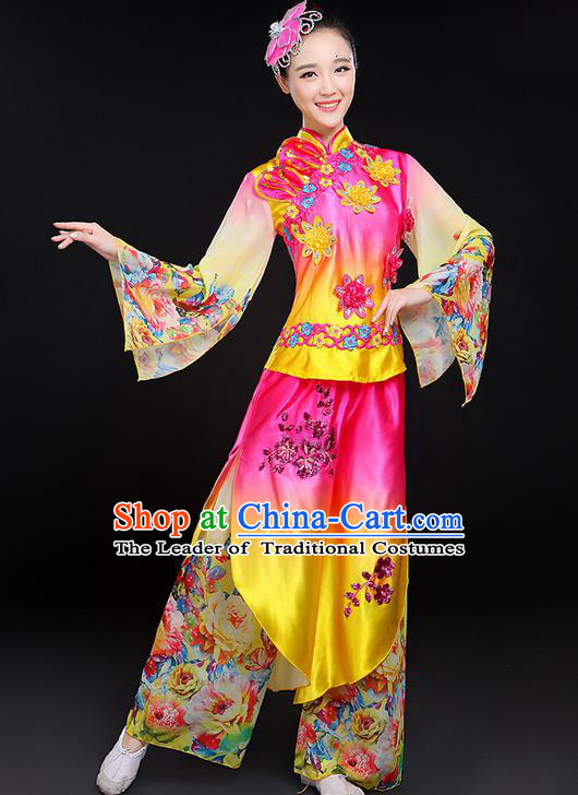 Traditional Chinese Yangge Fan Dancing Costume, Folk Dance Yangko Mandarin Sleeve Paillette Uniforms, Classic Jasmine Flower Dance Elegant Dress Drum Dance Clothing for Women