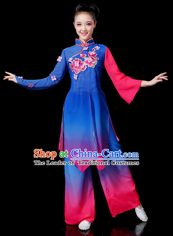 Traditional Chinese Yangge Fan Dancing Costume, Folk Dance Yangko Mandarin Sleeve Uniforms, Classic Dance Elegant Embroidered Peony Dress Drum Dance Clothing for Women