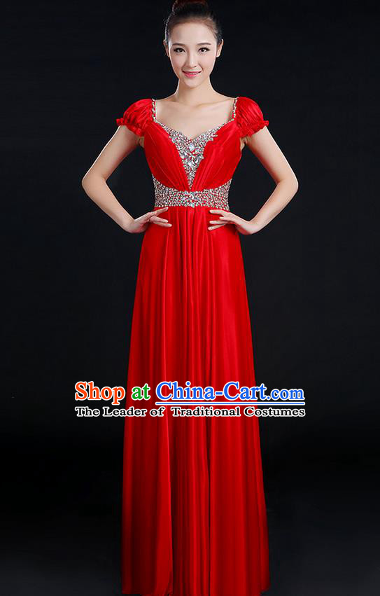 Traditional Chinese Modern Dancing Compere Costume, Women Opening Classic Chorus Singing Group Dance Crystal Dress Uniforms, Modern Dance Classic Dance Big Swing Red Dress for Women