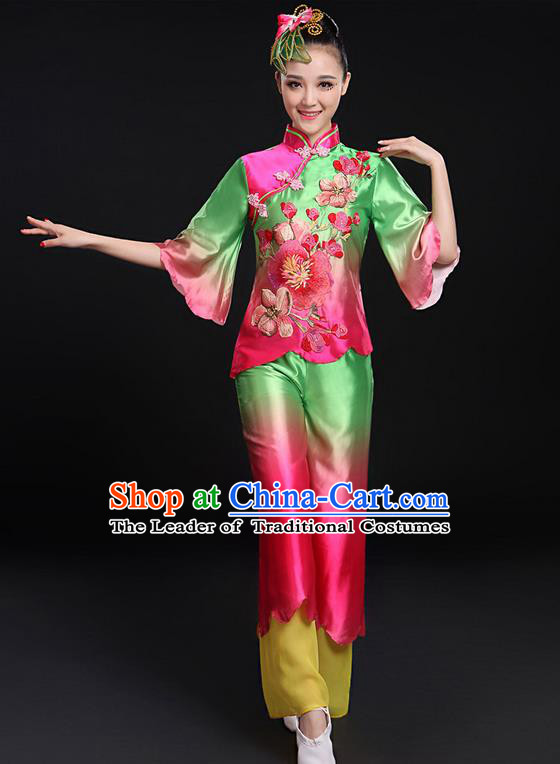 Traditional Chinese Yangge Fan Dancing Costume, Folk Dance Yangko Uniforms, Classic Umbrella Dance Elegant Mandarin Sleeve Dress Drum Dance Green Clothing for Women