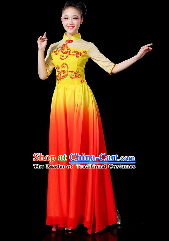 Traditional Chinese Yangge Fan Dancing Costume, Folk Dance Yangko Uniforms, Classic Umbrella Dance Elegant Mandarin Collar Dress Drum Dance Clothing for Women