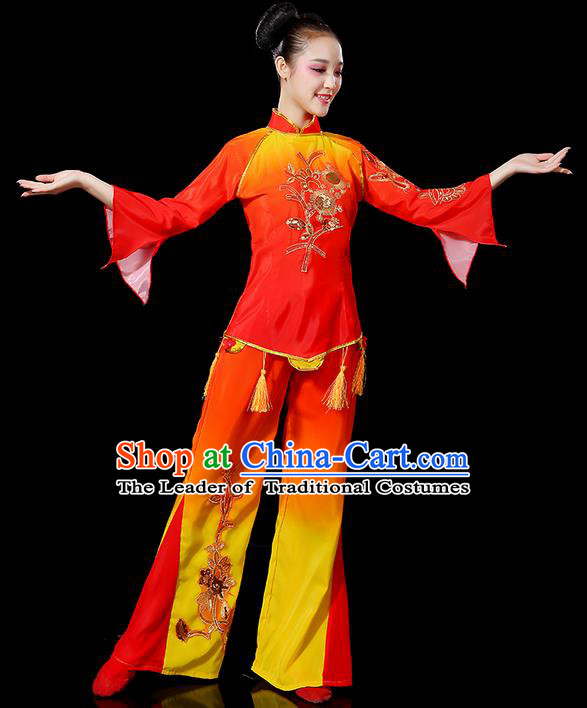 Traditional Chinese Yangge Fan Dancing Costume, Folk Dance Yangko Uniforms, Classic Umbrella Dance Elegant Tassel Dress Drum Dance Clothing for Women