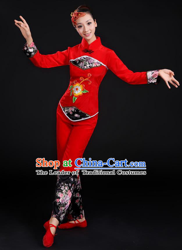Traditional Chinese Yangge Fan Dancing Costume, Folk Dance Yangko Uniforms, Classic Umbrella Dance Elegant Dress Drum Dance Red Clothing for Women