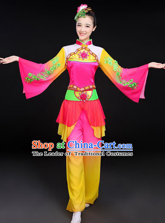 Traditional Chinese Yangge Fan Dancing Costume, Folk Dance Yangko Flowers Mandarin Sleeve Uniforms, Classic Umbrella Dance Elegant Dress Drum Dance Clothing for Women