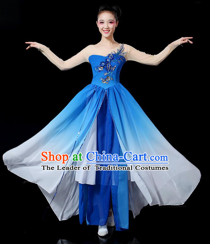 Traditional Chinese Yangge Fan Dancing Costume, Folk Dance Yangko Paillette Flowers Uniforms, Classic Umbrella Dance Elegant Peony Dress Drum Dance Clothing for Women