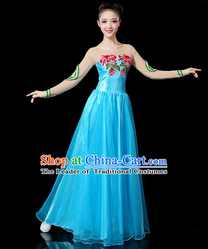 Traditional Chinese Yangge Fan Dancing Costume, Folk Dance Yangko Flowers Peony Uniforms, Classic Umbrella Dance Elegant Blue Dress Drum Dance Clothing for Women