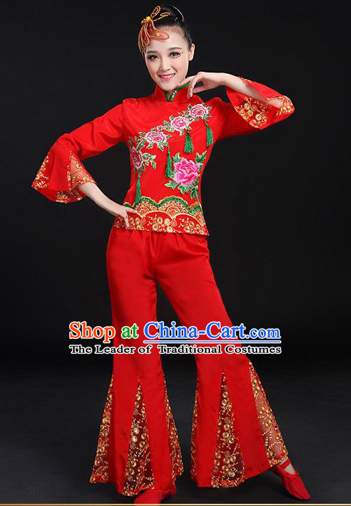 Traditional Chinese Yangge Fan Dancing Costume, Folk Dance Yangko Flowers Mandarin Sleeve Embroidered Peony Uniforms, Classic Umbrella Dance Elegant Dress Drum Dance Red Clothing for Women
