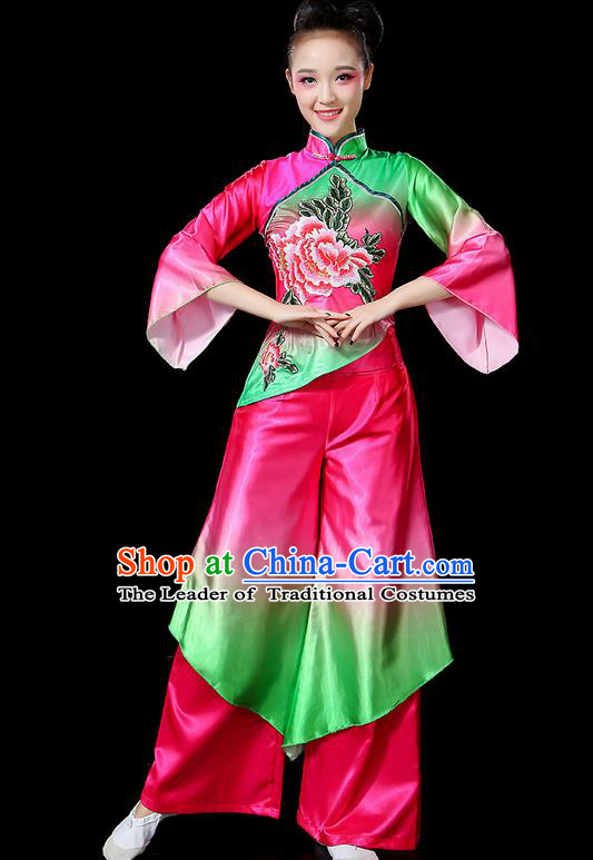 Traditional Chinese Yangge Fan Dancing Costume, Folk Dance Yangko Flowers Peony Uniforms, Classic Umbrella Dance Elegant Dress Drum Dance Clothing for Women