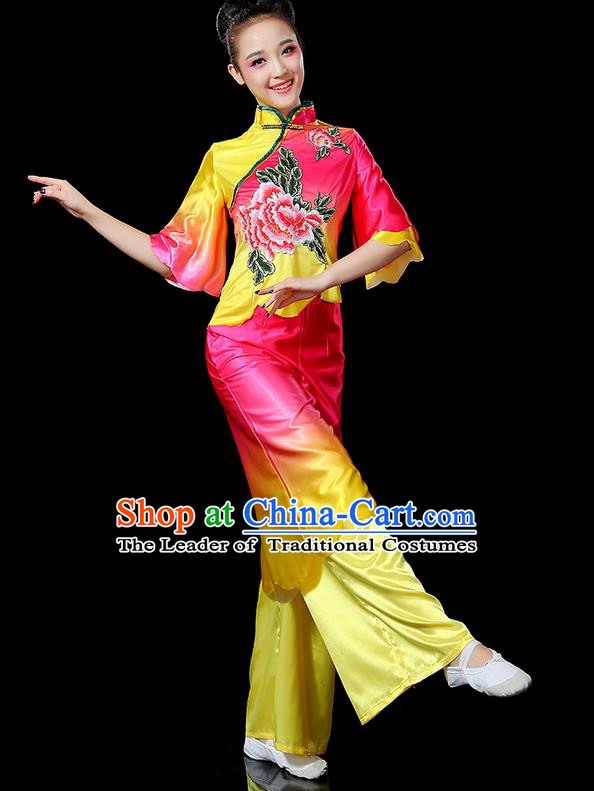 Traditional Chinese Yangge Fan Dancing Costume, Folk Dance Yangko Flowers Peony Uniforms, Classic Umbrella Dance Elegant Dress Drum Dance Pink Clothing for Women
