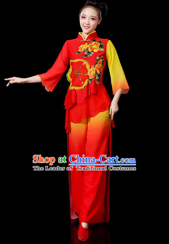 Traditional Chinese Yangge Fan Dancing Costume, Folk Dance Yangko Mandarin Sleeve Embroidered Peony Uniforms, Classic Umbrella Dance Elegant Dress Drum Dance Red Clothing for Women