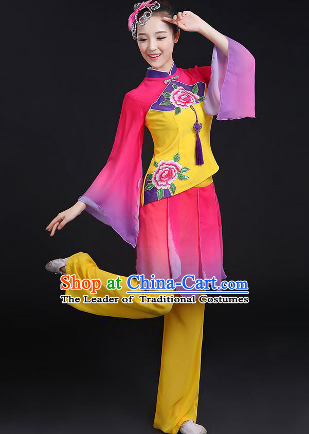 Traditional Chinese Yangge Fan Dancing Costume, Folk Dance Yangko Chinese Knot Tassel Uniforms, Classic Umbrella Dance Elegant Dress Drum Dance Peony Clothing for Women