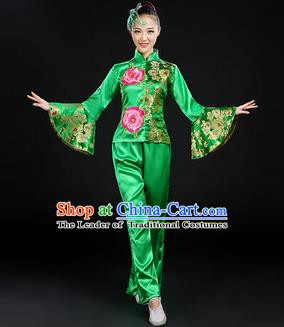 Traditional Chinese Yangge Fan Dancing Costume, Folk Dance Yangko Mandarin Sleeve Satin Peony Uniforms, Classic Umbrella Dance Elegant Dress Drum Dance Green Clothing for Women