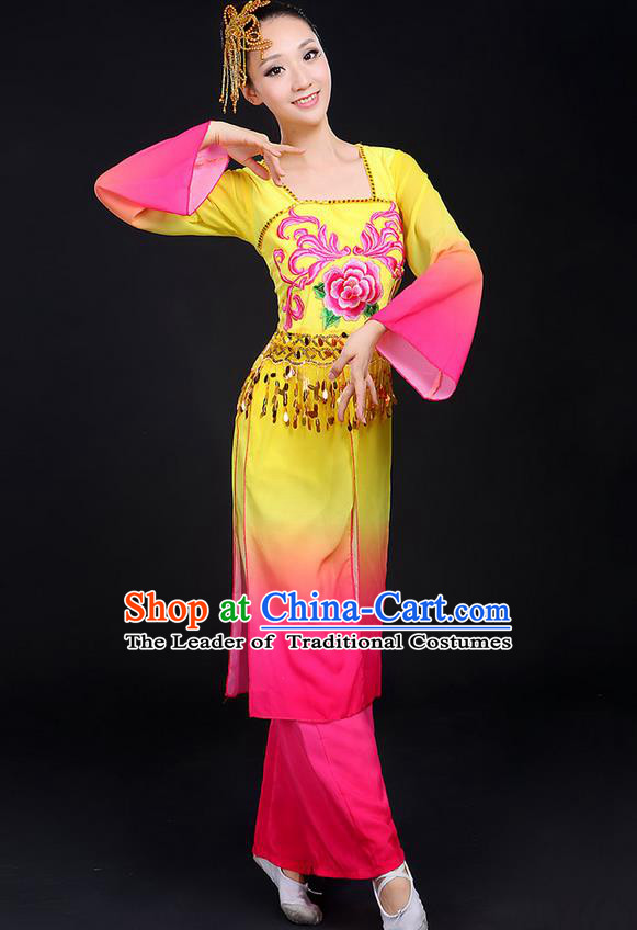 Traditional Chinese Yangge Fan Dancing Costume, Folk Dance Yangko Mandarin Sleeve Paillette Tassel Uniforms, Classic Umbrella Dance Elegant Dress Drum Dance Clothing for Women