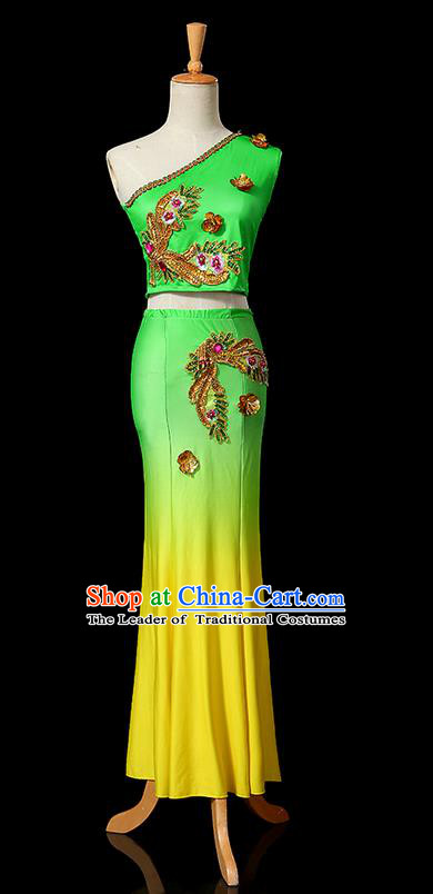 Traditional Chinese Dai Nationality Peacock Dancing Costume, Folk Dance Ethnic Fishtail Dress Uniform, Chinese Minority Nationality Dancing Green Clothing for Women