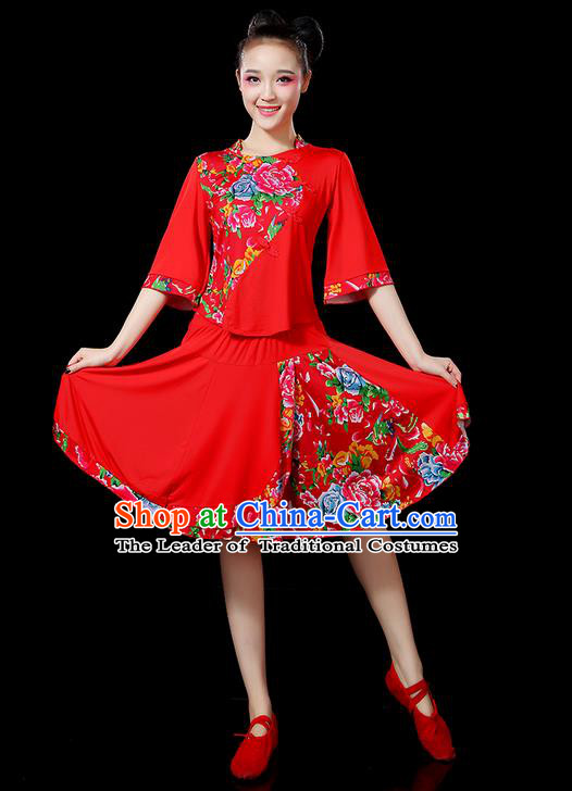 Traditional Chinese Yangge Fan Dancing Costume, Folk Dance Yangko Mandarin Sleeve Satin Peony Uniforms, Classic Umbrella Dance Elegant Dress Drum Dance Red Clothing for Women