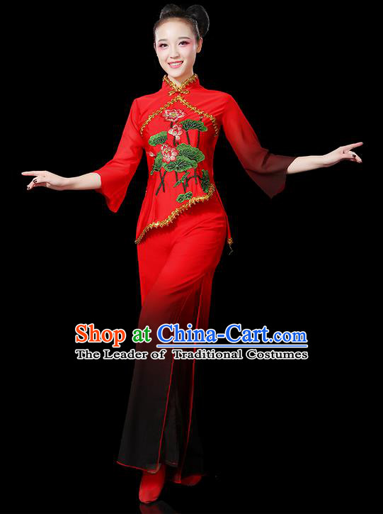 Traditional Chinese Yangge Fan Dancing Costume, Folk Dance Yangko Gradient Red Uniforms, Classic Umbrella Dance Elegant Dress Drum Dance Clothing for Women