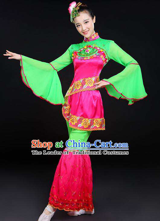 Traditional Chinese Yangge Fan Dancing Costume, Folk Dance Yangko Lotus Dance Mandarin Sleeve Uniforms, Classic Umbrella Dance Elegant Dress Drum Dance Clothing for Women