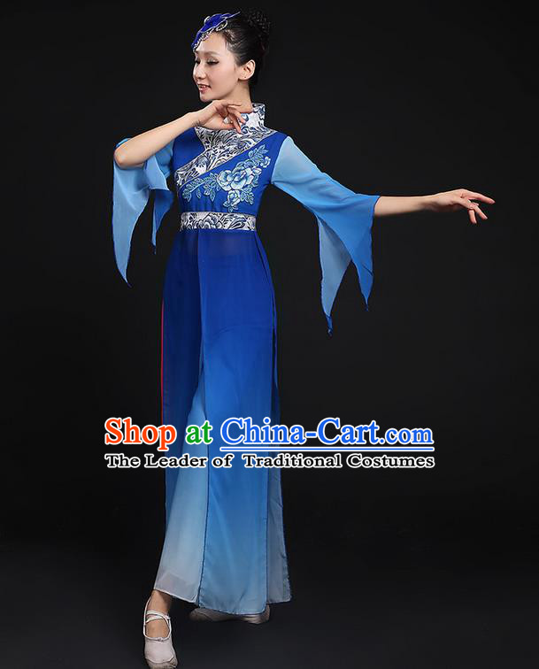 Traditional Chinese Yangge Fan Dancing Costume, Folk Dance Yangko Blue Uniforms, Classic Umbrella Dance Elegant Cheongsam Peony Dress Drum Dance Clothing for Women