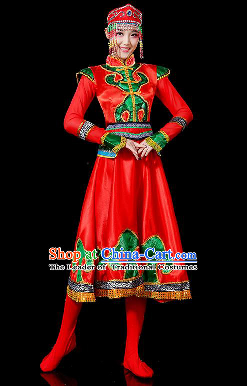 Traditional Chinese Mongol Nationality Dancing Costume, Mongols Female Folk Dance Ethnic Palace Princess Dress, Chinese Mongolian Minority Nationality Embroidery Red Costume for Women