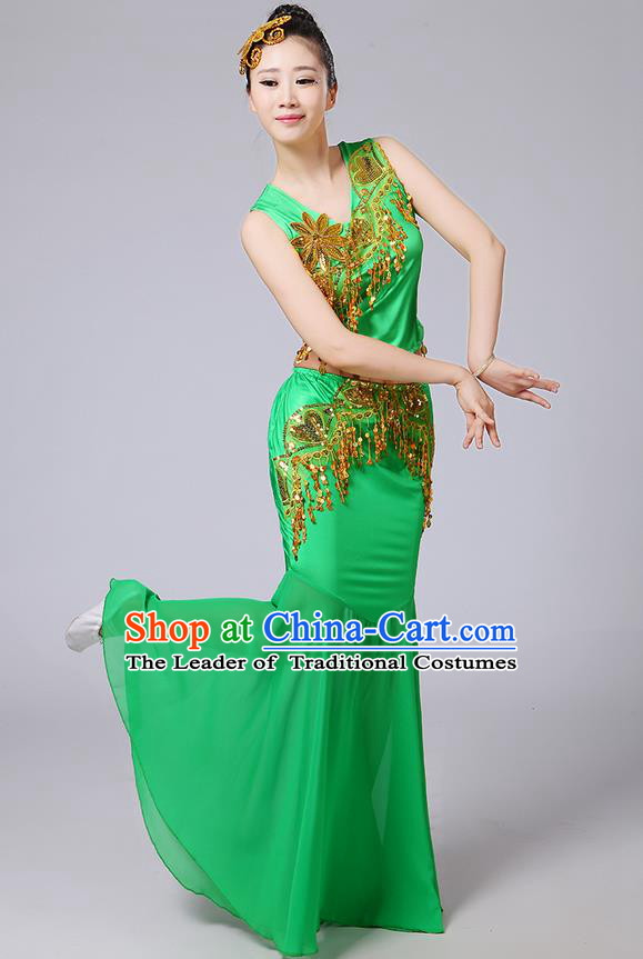 Traditional Chinese Dai Nationality Peacock Dancing Costume, Folk Dance Ethnic Paillette Tassel Fishtail Dress Palace Princess Uniform, Chinese Minority Nationality Dancing Green Clothing for Women