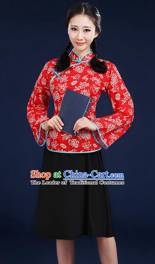 Traditional Chinese Style Modern Dancing Compere Costume, Women Chorus Singing Group Opening Classic Dance Republic of China Students Red Uniforms, Modern Dance Cheongsam Blouse Dress for Women