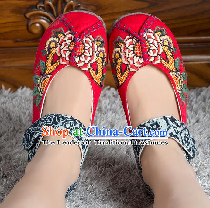 Traditional Chinese Shoes, China Handmade Linen Embroidered Red Shoes, Ancient Princess Cloth Shoes for Women